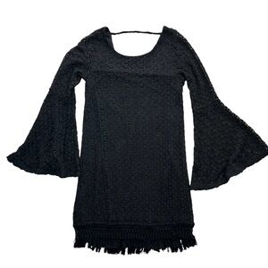 LOVE FIRE Women’s Black Crocheted Dress Lined Sheer Bell Sleeve Tassel Hem XS